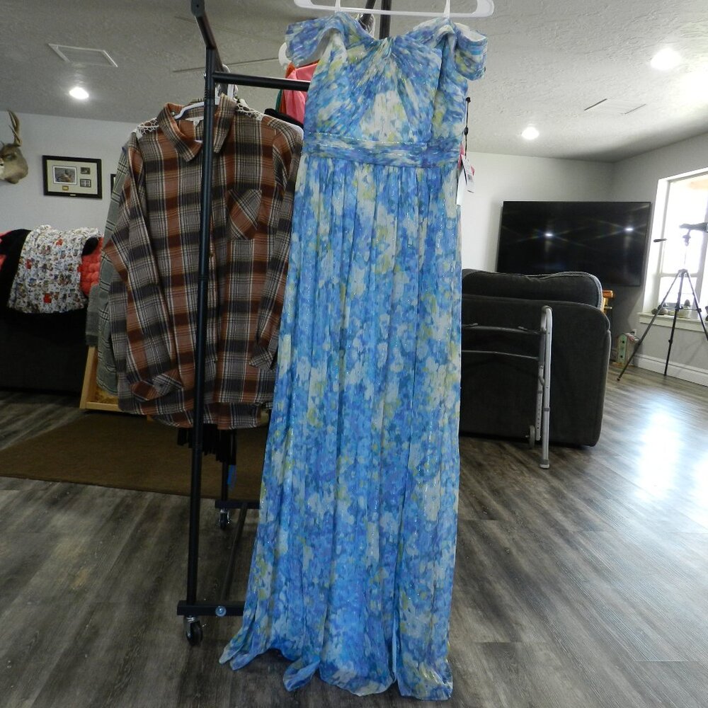 Adrianna Papell Strapless Dress in Blue and Green Floral